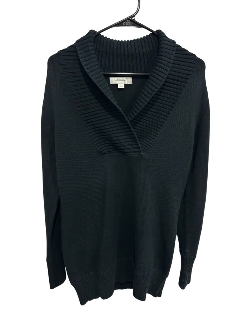 Merona Black Ribbed Shawl Collar Cotton Blend Knit Sweater Size L Preppy Chic
